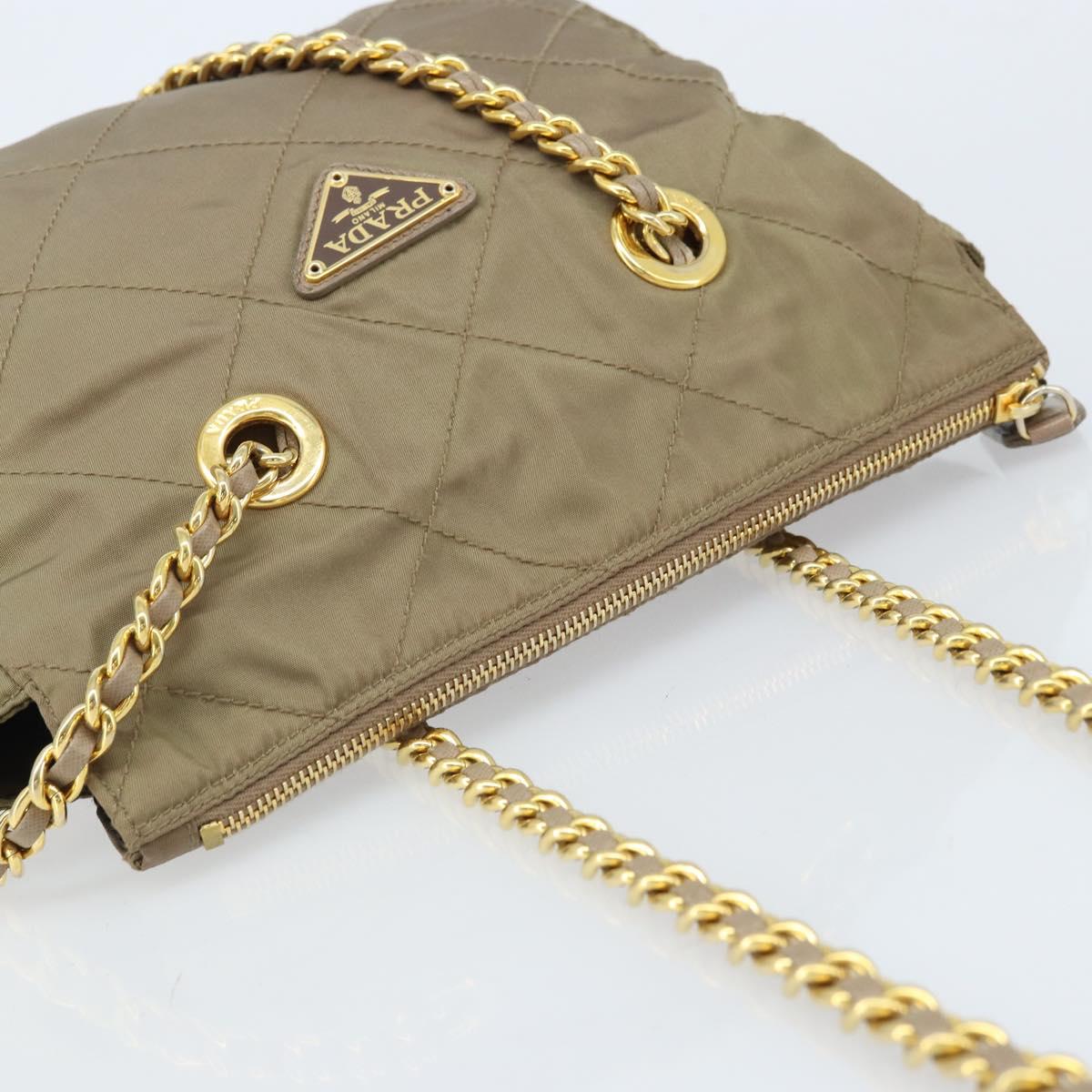 PRADA Chain Shoulder Bag Nylon Beige Gold Auth bs34053
