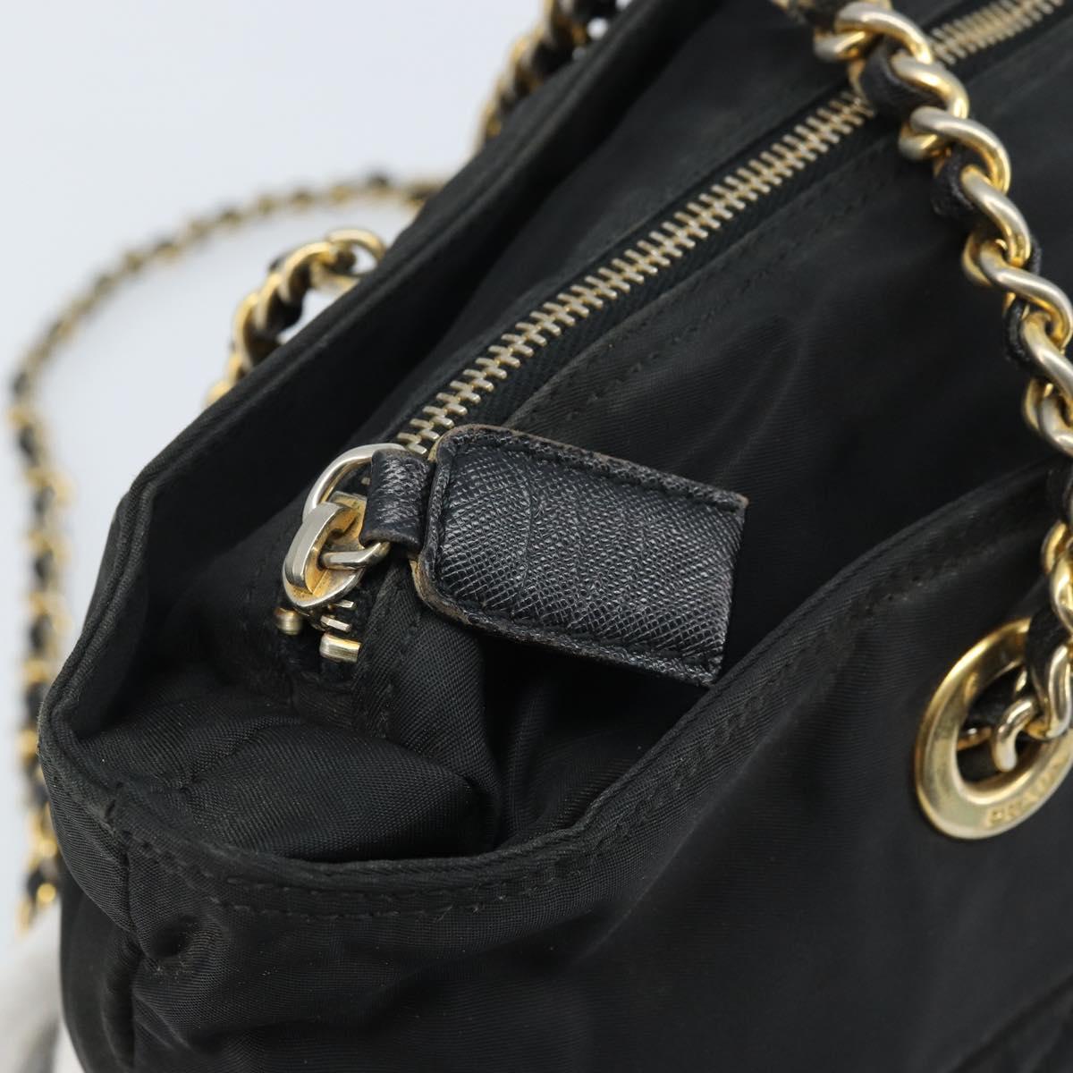 PRADA Chain Shoulder Bag Nylon Gold Black Auth bs34054