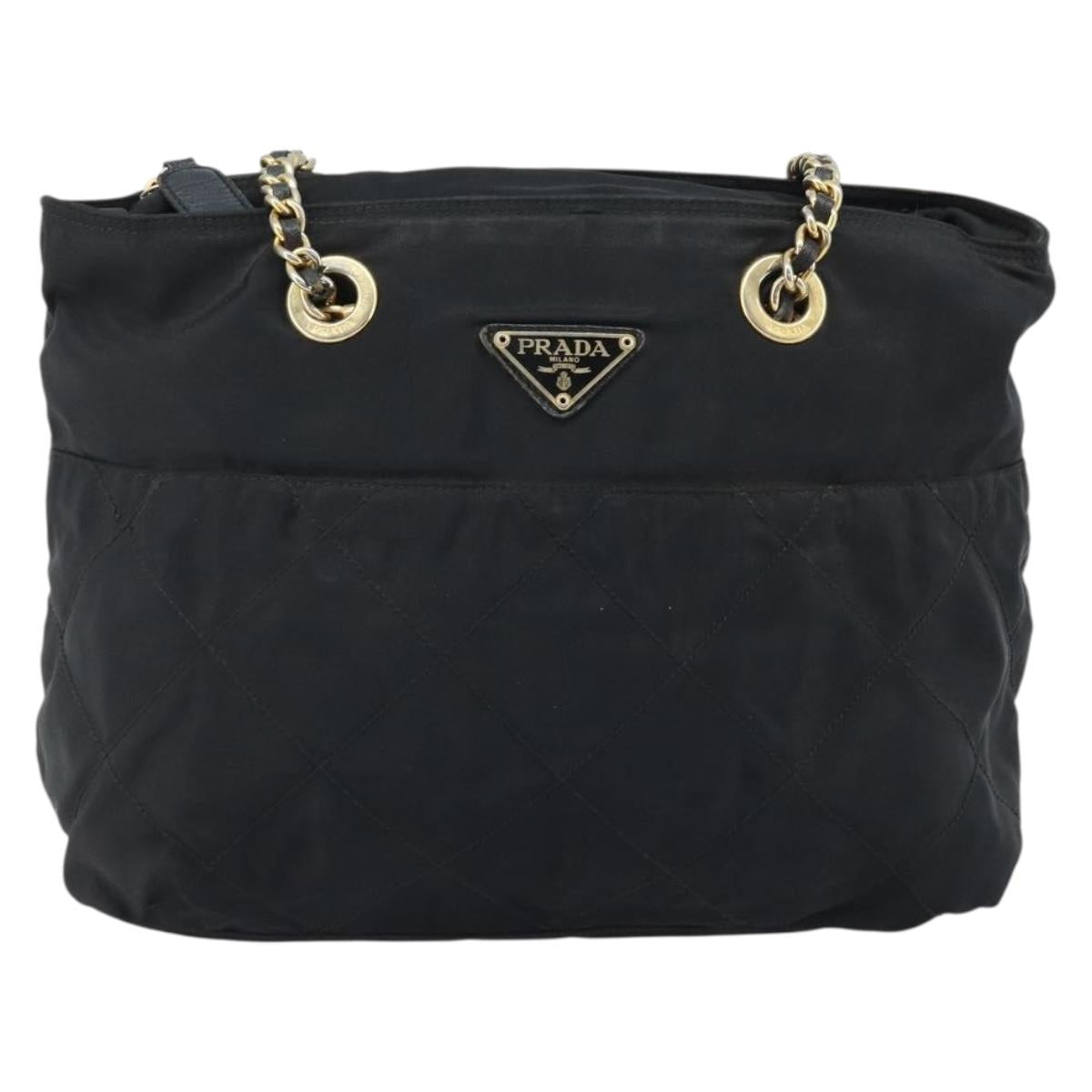 PRADA Chain Shoulder Bag Nylon Gold Black Auth bs34054