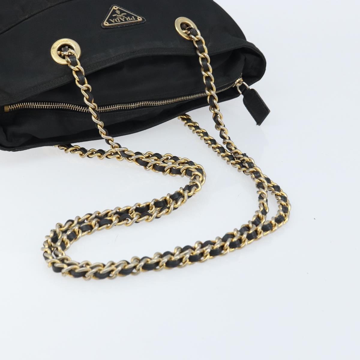PRADA Chain Shoulder Bag Nylon Gold Black Auth bs34054