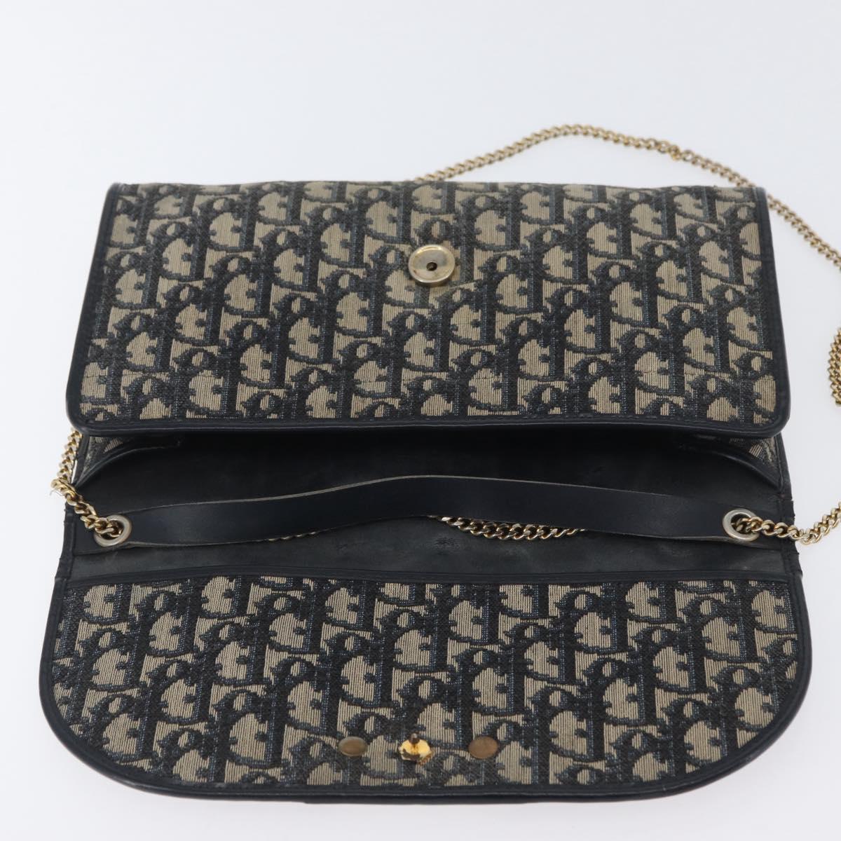 Christian Dior Trotter Canvas Chain Shoulder Bag Navy Gold Auth bs34064