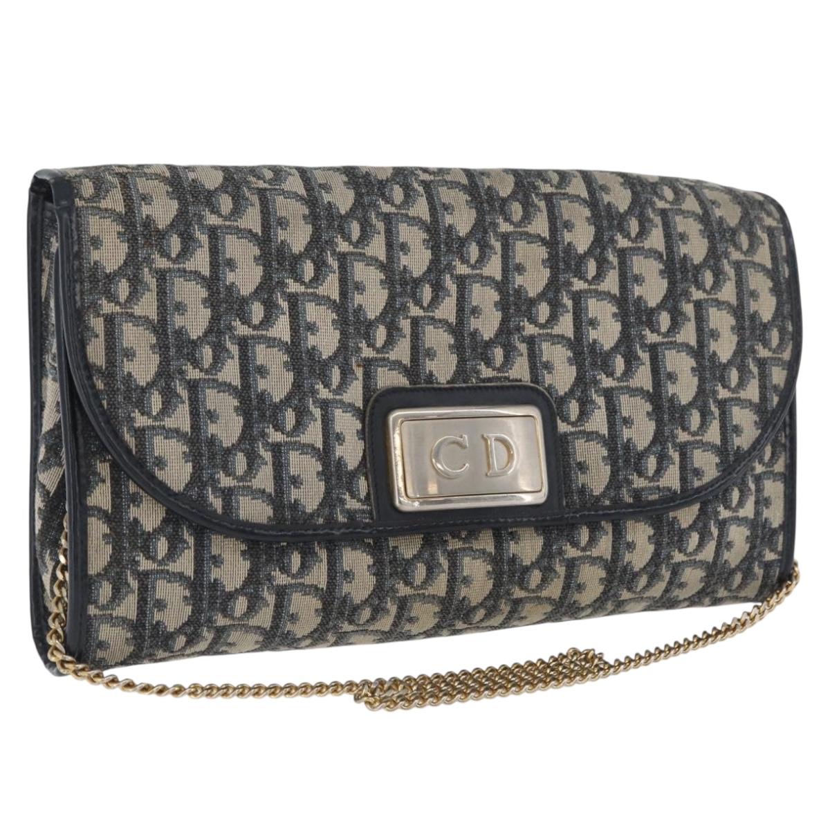 Christian Dior Trotter Canvas Chain Shoulder Bag Navy Gold Auth bs34064