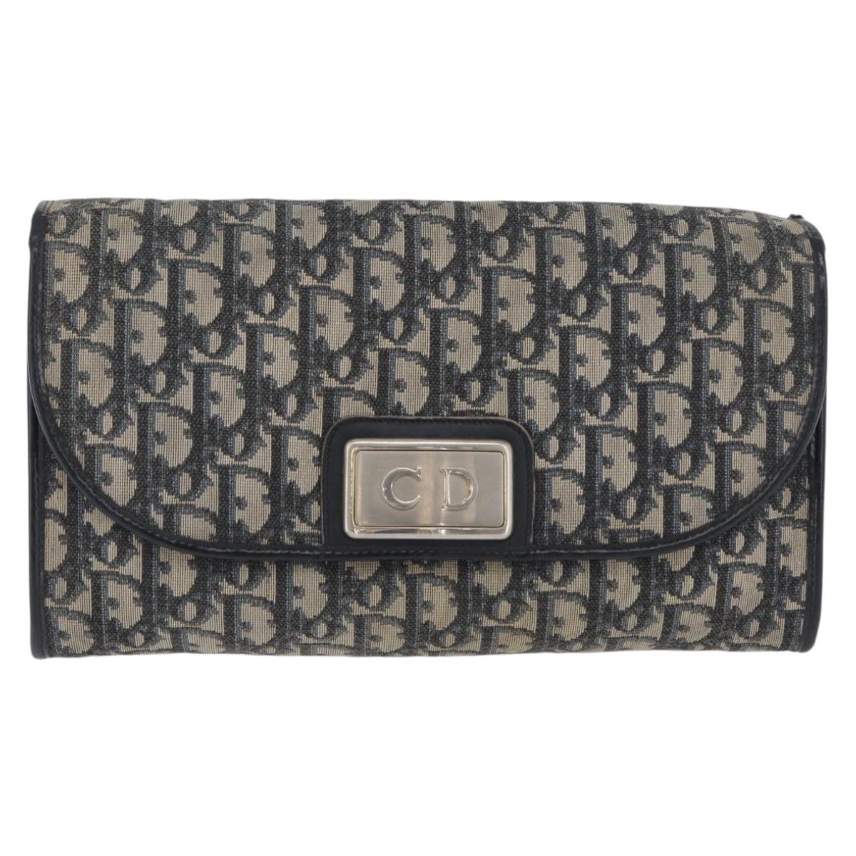 Christian Dior Trotter Canvas Chain Shoulder Bag Navy Gold Auth bs34064