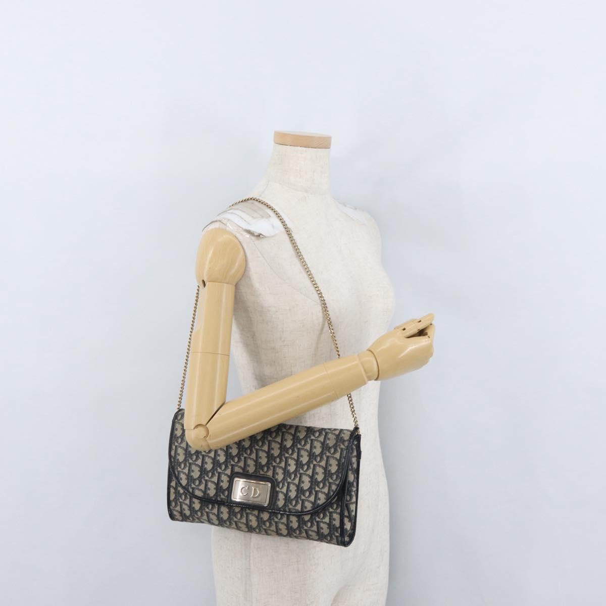 Christian Dior Trotter Canvas Chain Shoulder Bag Navy Gold Auth bs34064