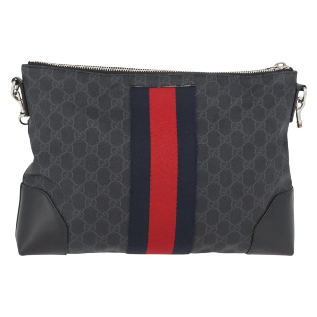 GUCCI GG Supreme Sherry Line Shoulder Bag PVC Black Red Navy 474139 Auth bs34094
