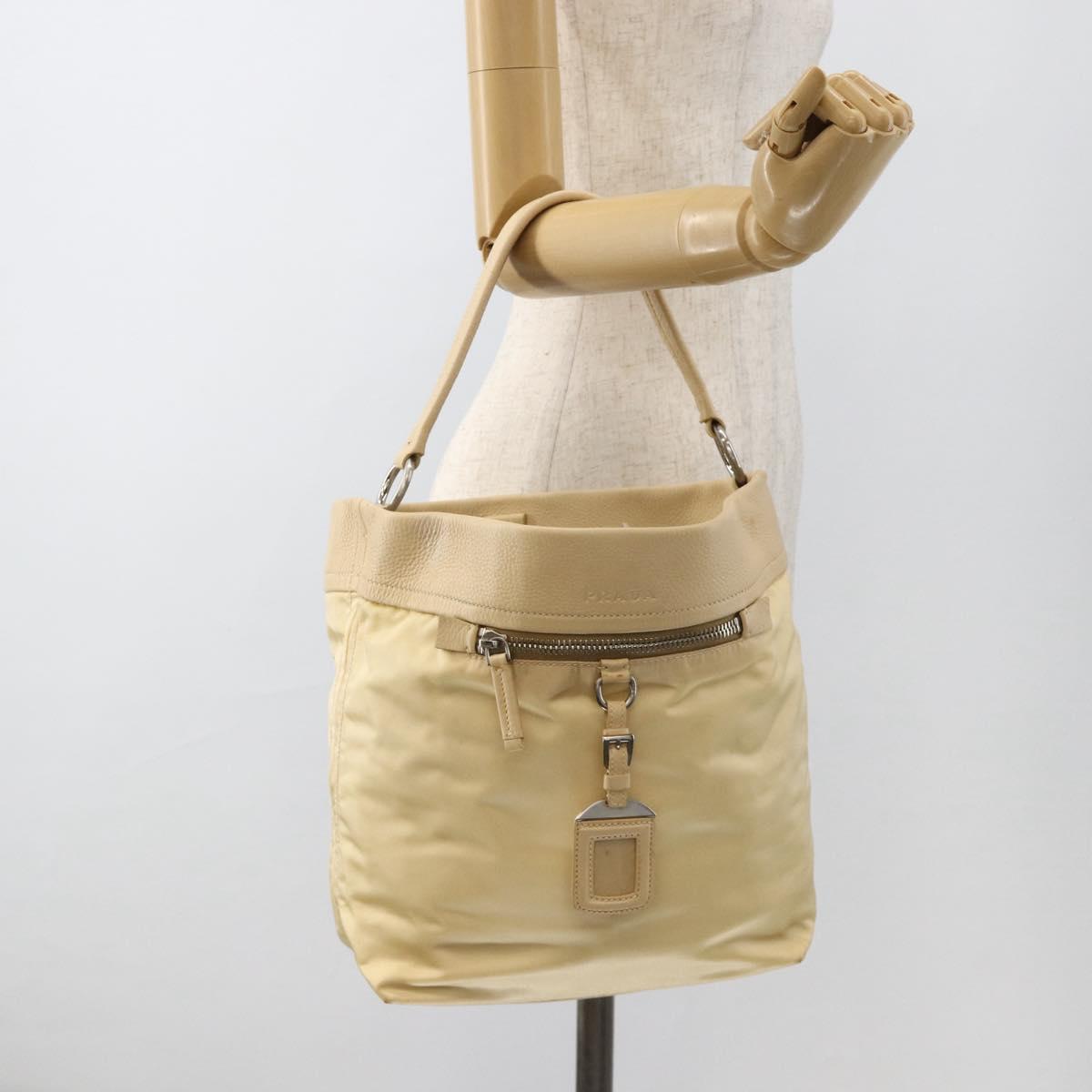 PRADA Shoulder Bag Nylon Beige Silver Auth bs34095