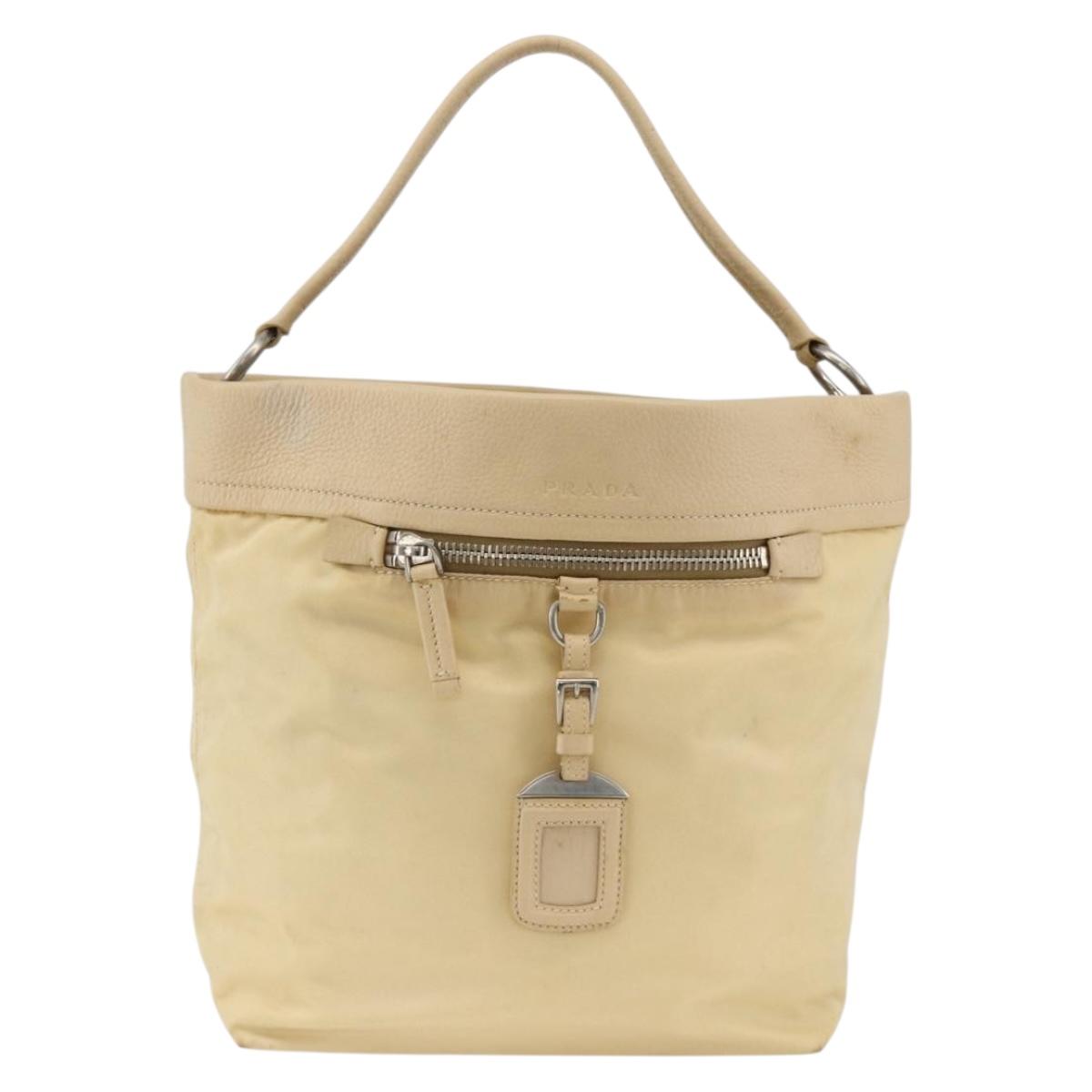 PRADA Shoulder Bag Nylon Beige Silver Auth bs34095