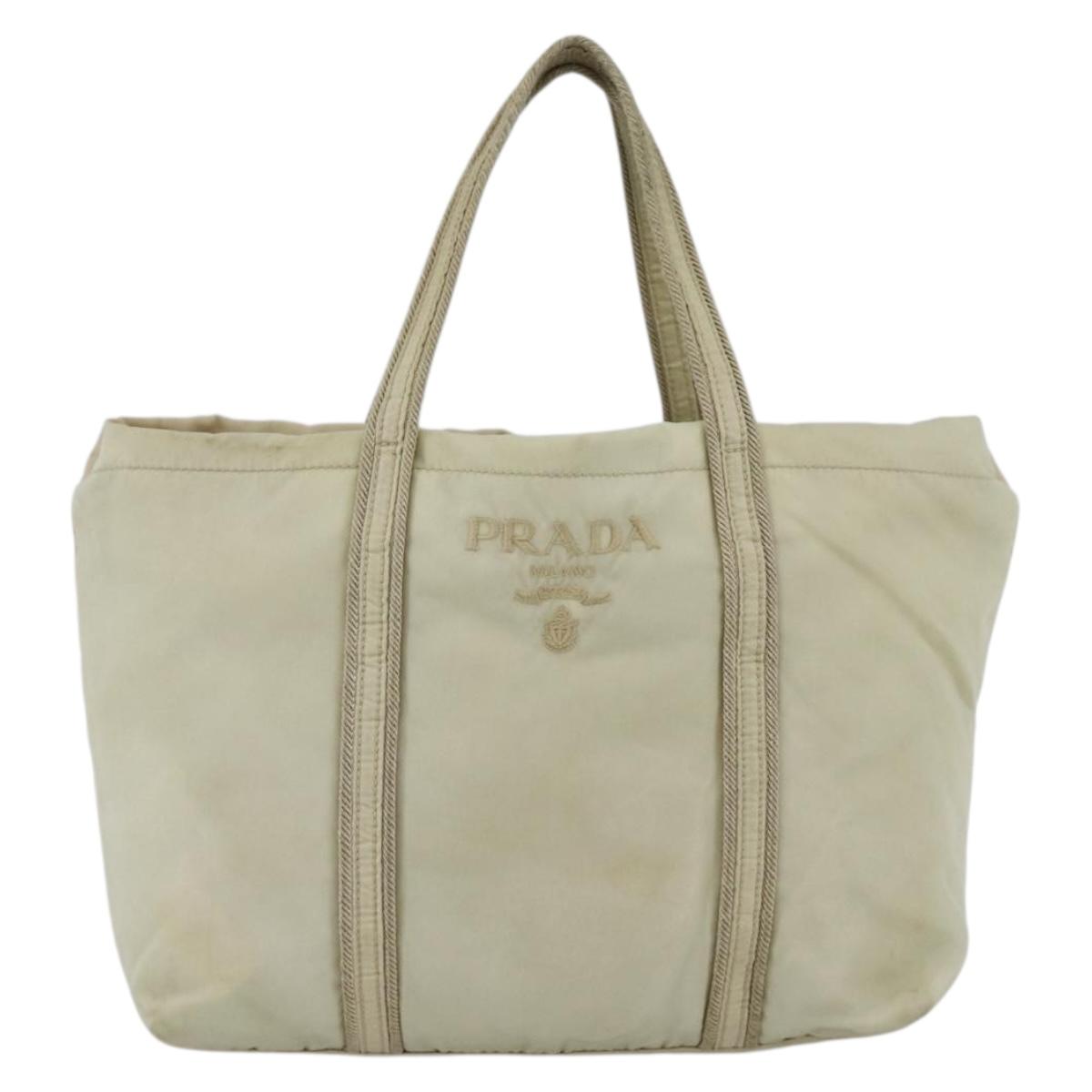 PRADA Hand Bag Nylon Beige Silver Auth bs34100