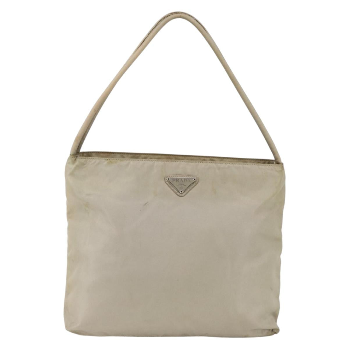 PRADA Hand Bag Nylon Beige Silver Auth bs34102