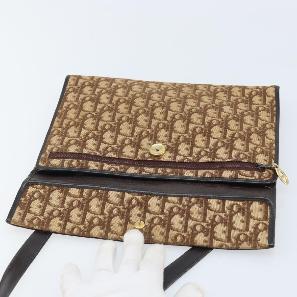 Christian Dior Trotter Canvas Shoulder Bag Brown Gold Auth bs34135