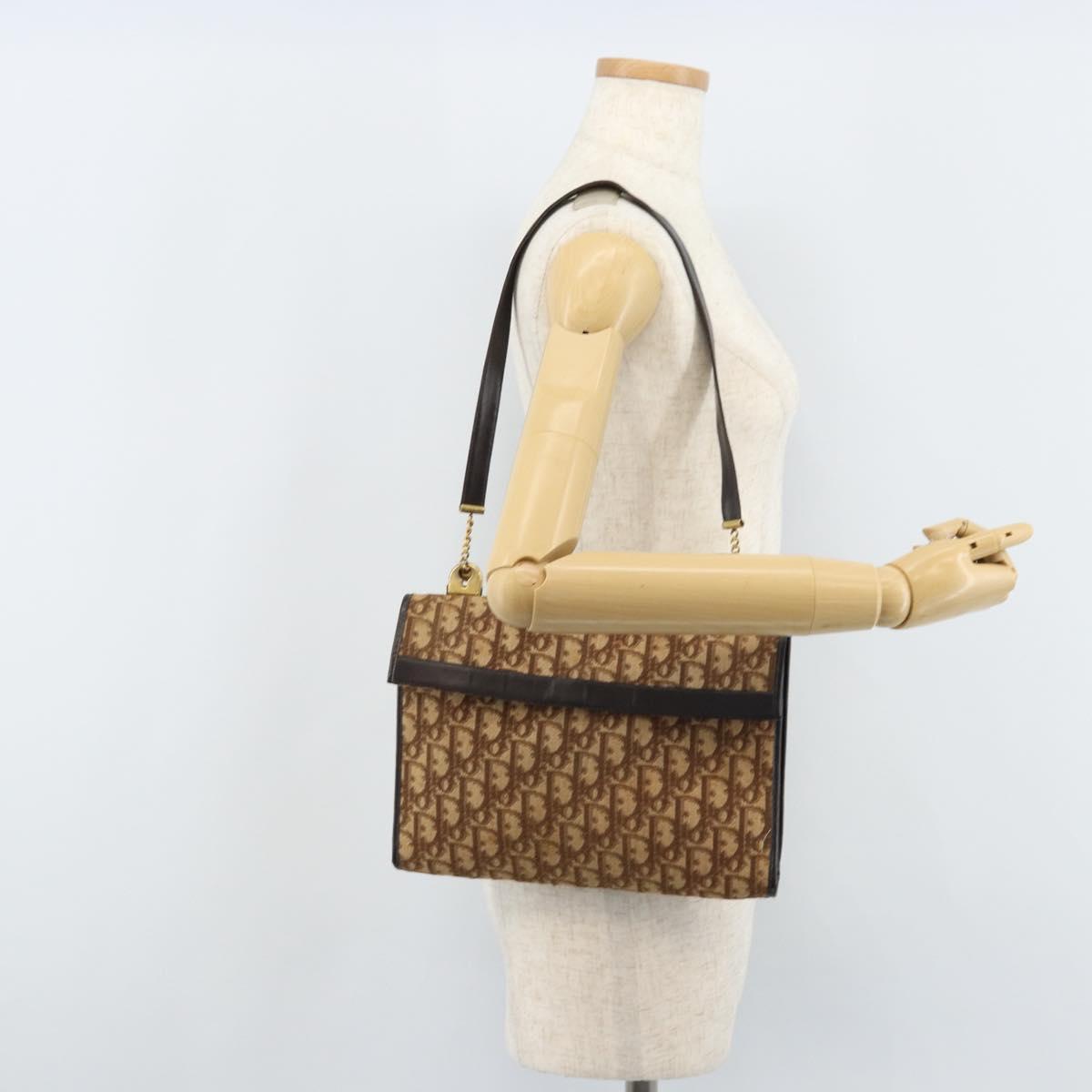 Christian Dior Trotter Canvas Shoulder Bag Brown Gold Auth bs34135