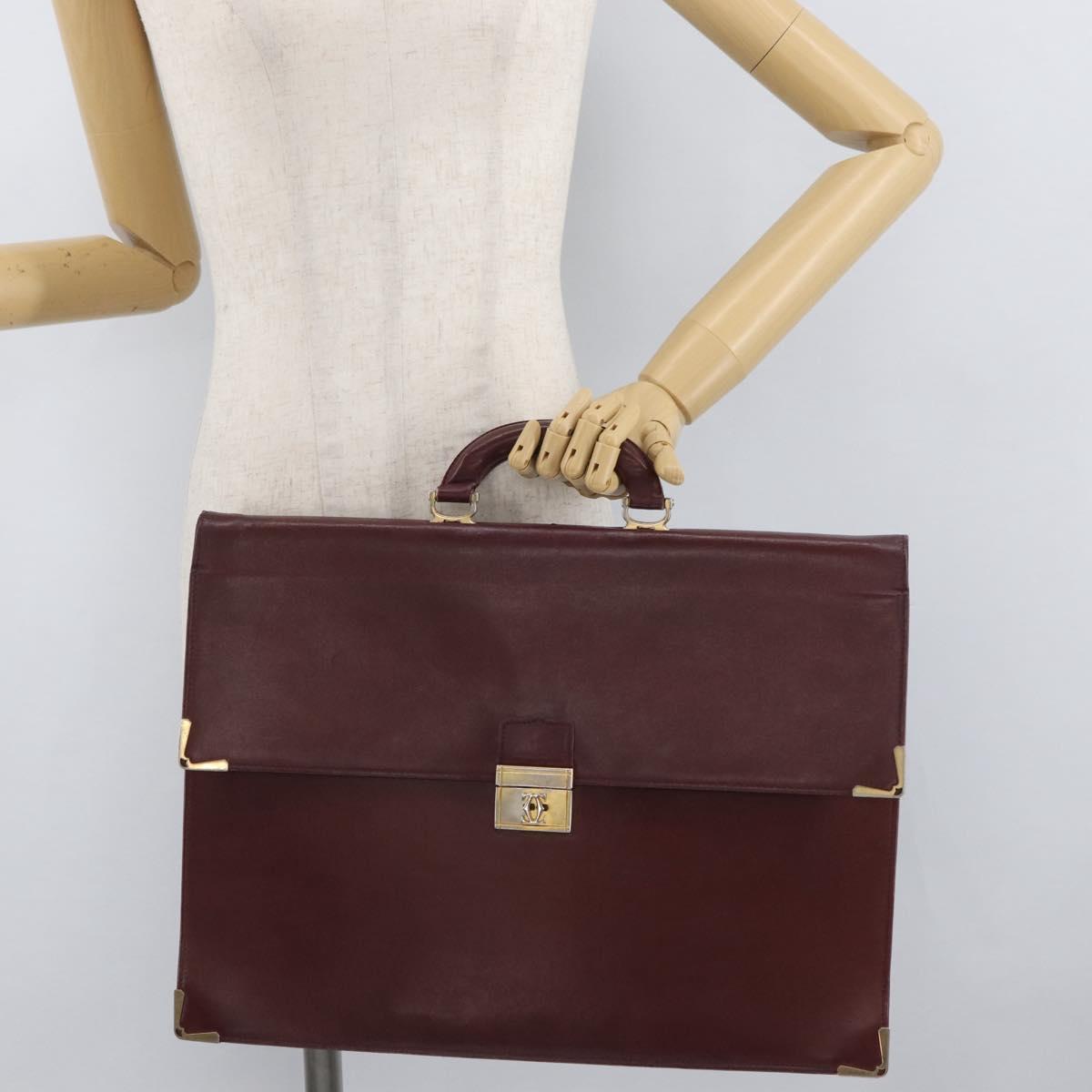 CARTIER Must Line Business Bag Leather Bordeaux Gold Auth bs34144