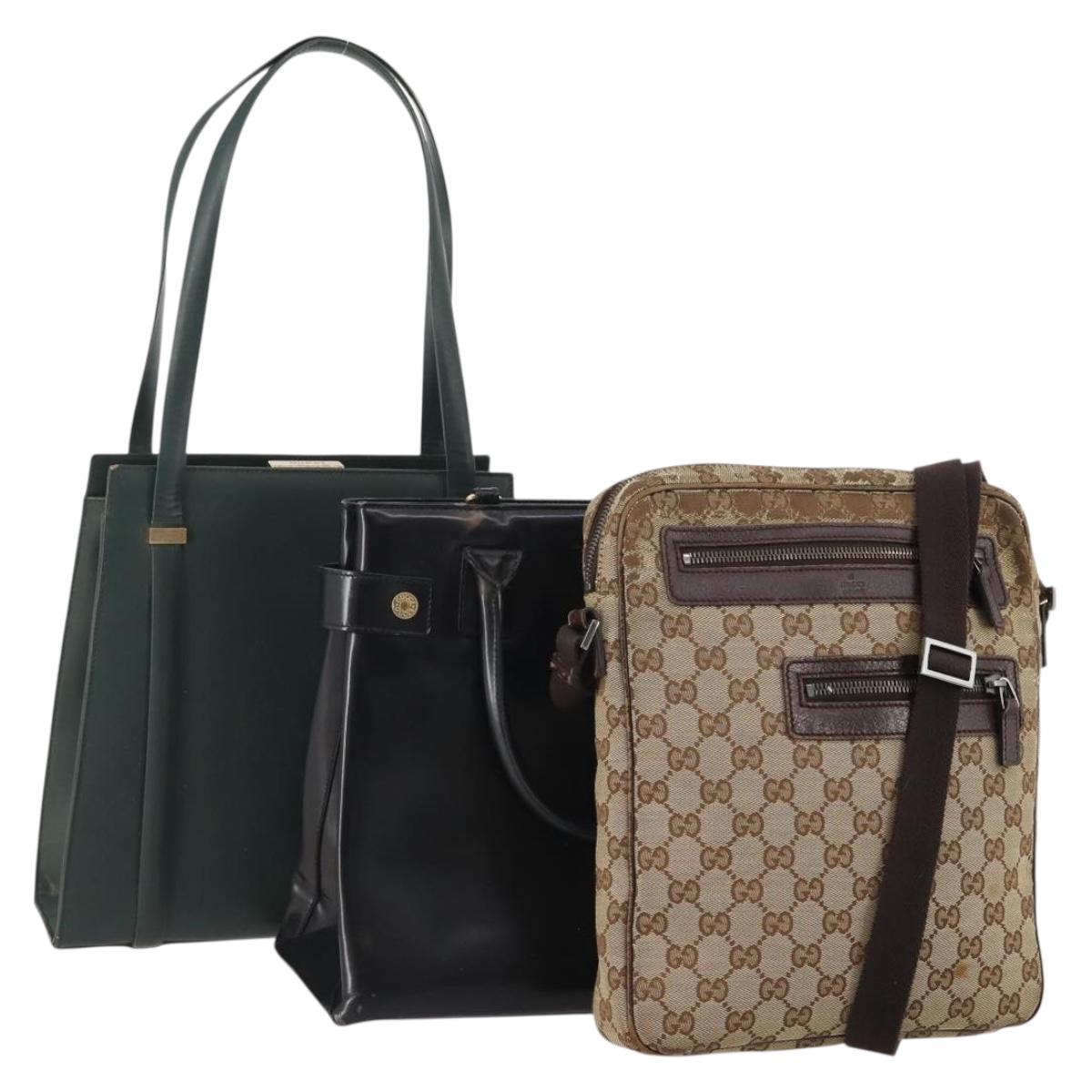 GUCCI GG Canvas Shoulder Bag Leather 3 Set Black Beige Auth bs34147