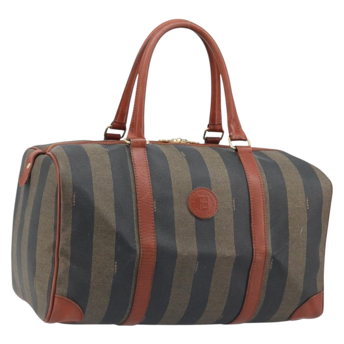 FENDI Pecan Canvas Boston Bag PVC Brown Black Auth bs34148
