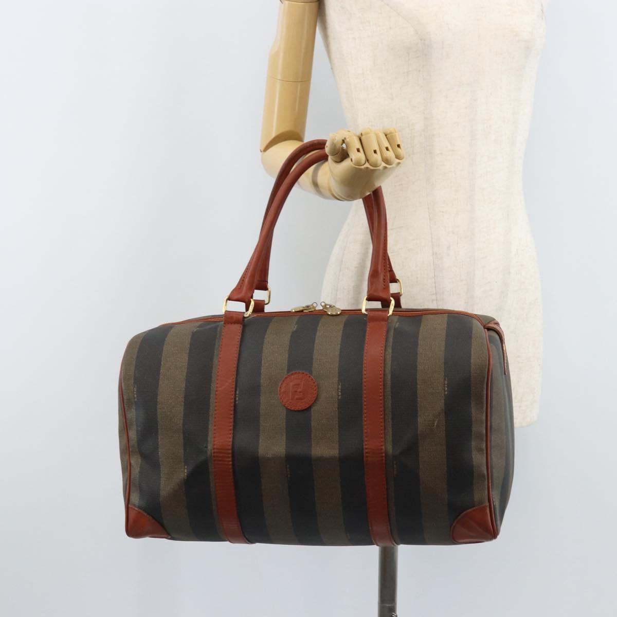 FENDI Pecan Canvas Boston Bag PVC Brown Black Auth bs34148