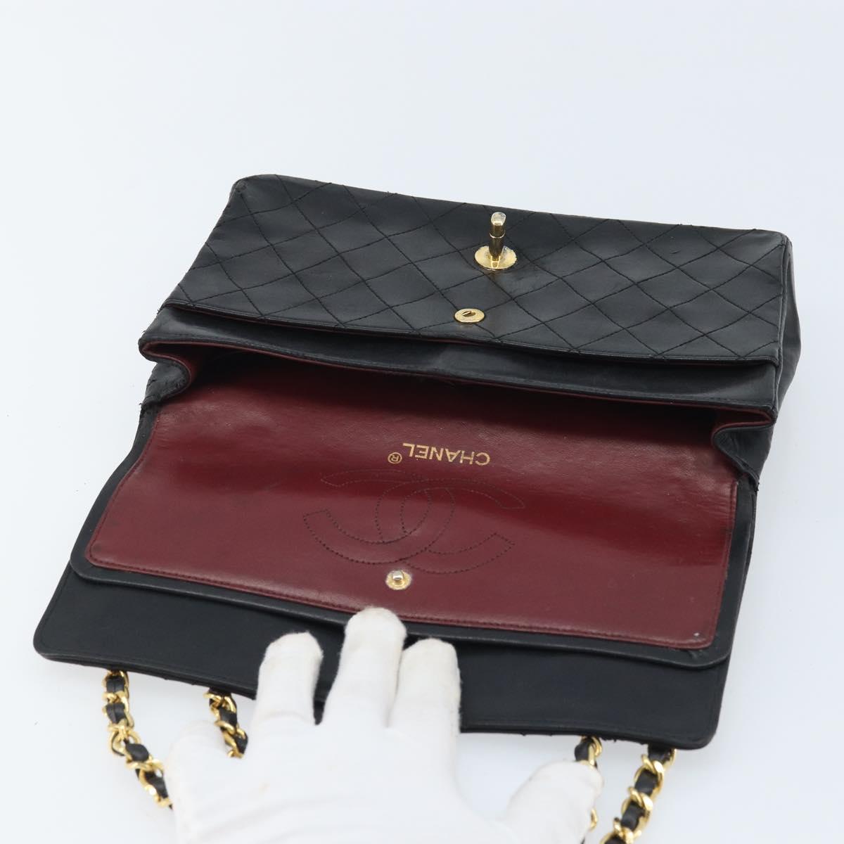 CHANEL Matelasse 25 Double Flap Chain Bag Lamb Skin Gold Black CC Auth bs34164