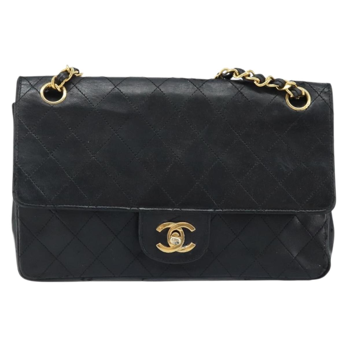 CHANEL Matelasse 25 Double Flap Chain Bag Lamb Skin Gold Black CC Auth bs34164