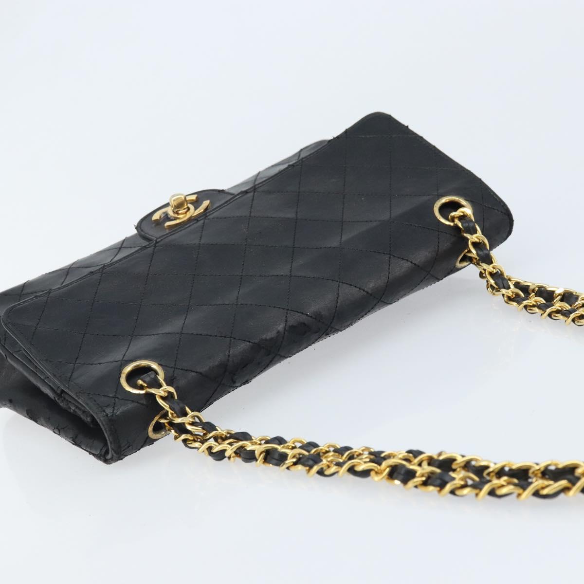CHANEL Matelasse 25 Double Flap Chain Bag Lamb Skin Gold Black CC Auth bs34164