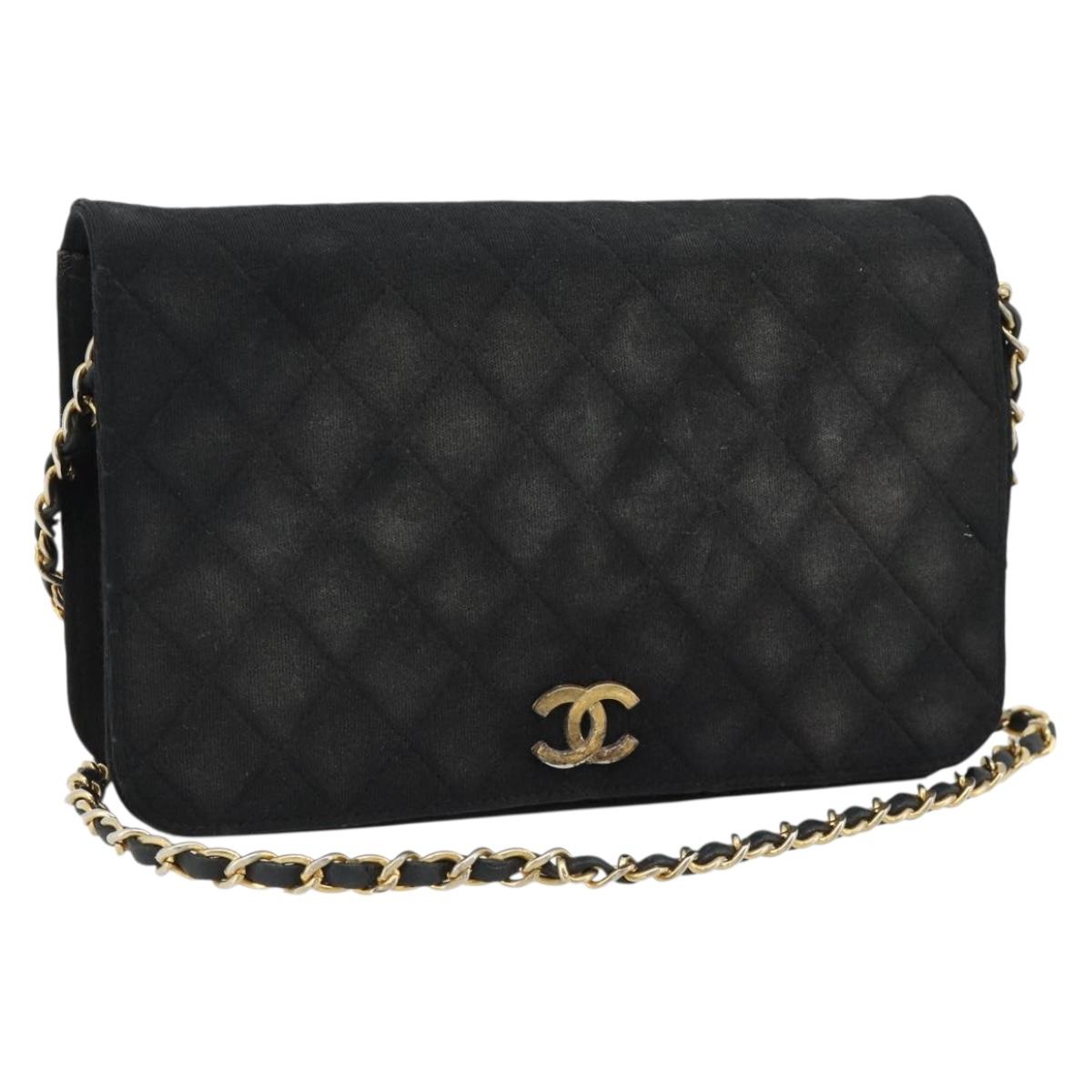 CHANEL Matelasse Chain Shoulder Bag Cotton Black Gold CC Auth bs34166
