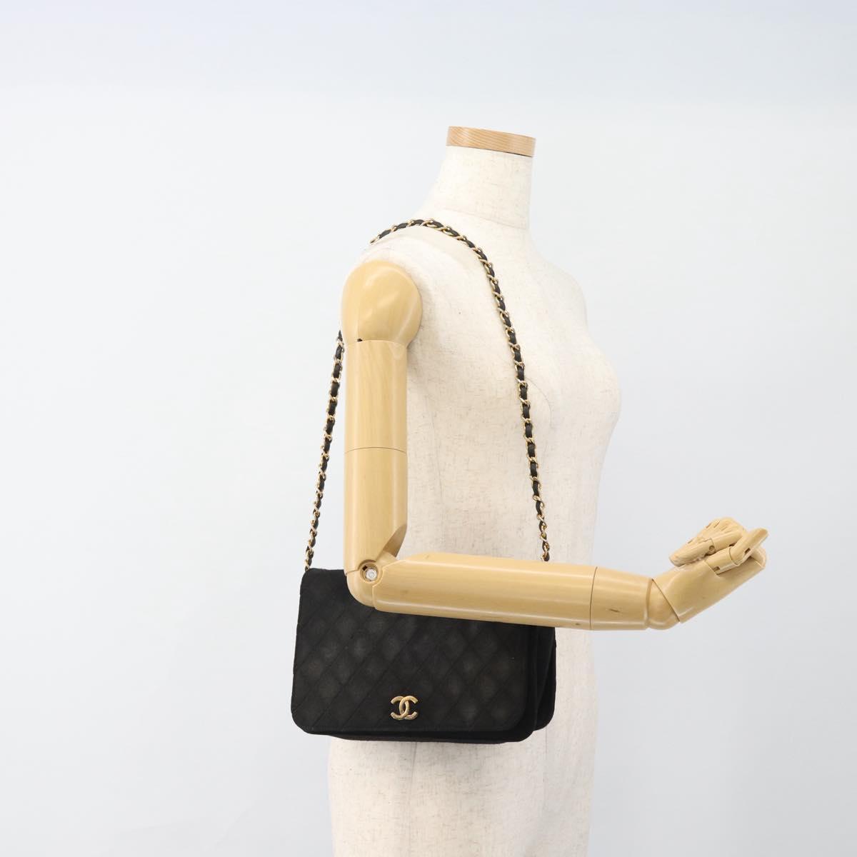 CHANEL Matelasse Chain Shoulder Bag Cotton Black Gold CC Auth bs34166