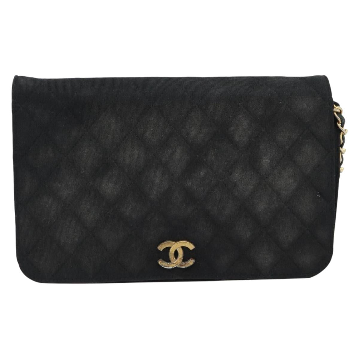 CHANEL Matelasse Chain Shoulder Bag Cotton Black Gold CC Auth bs34166