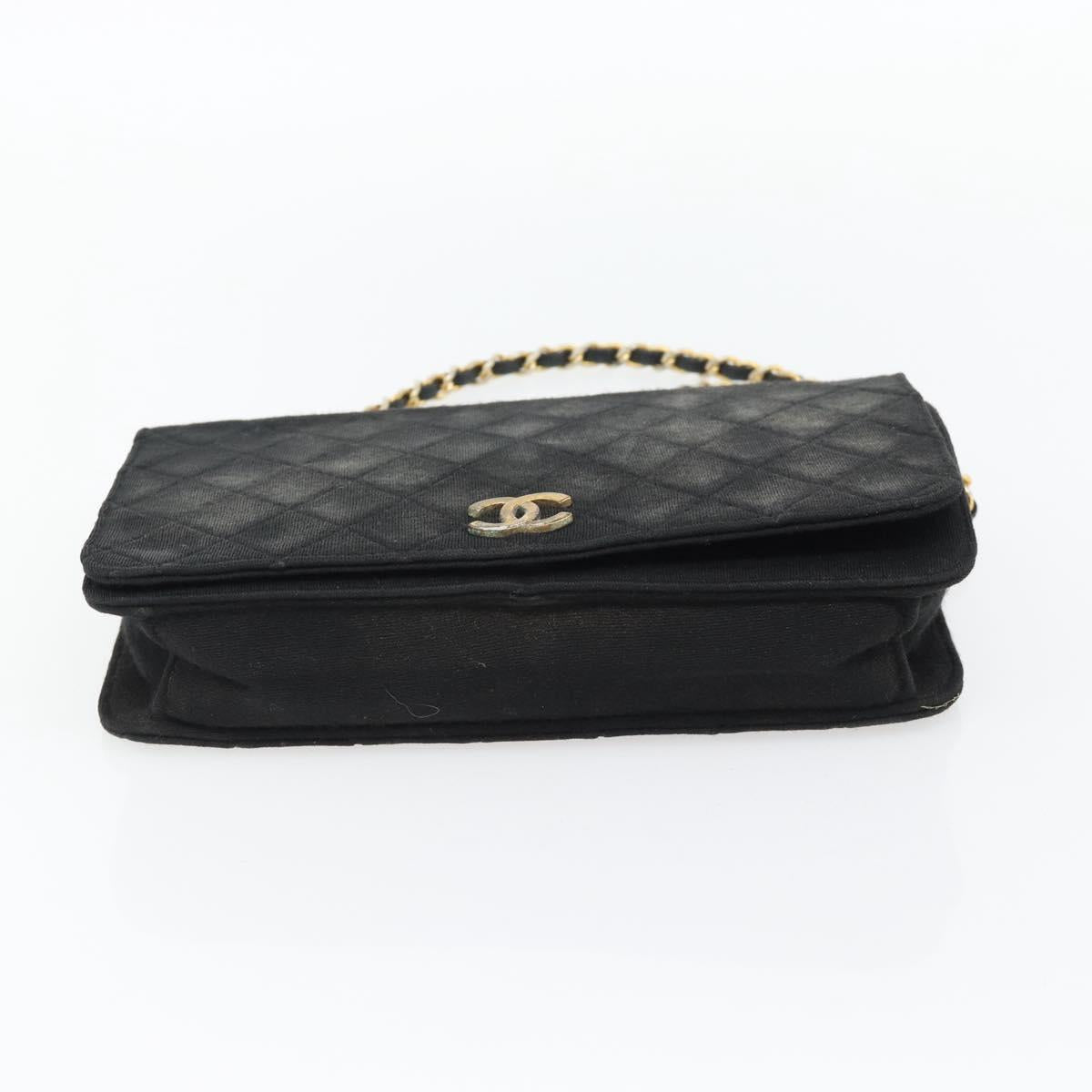 CHANEL Matelasse Chain Shoulder Bag Cotton Black Gold CC Auth bs34166