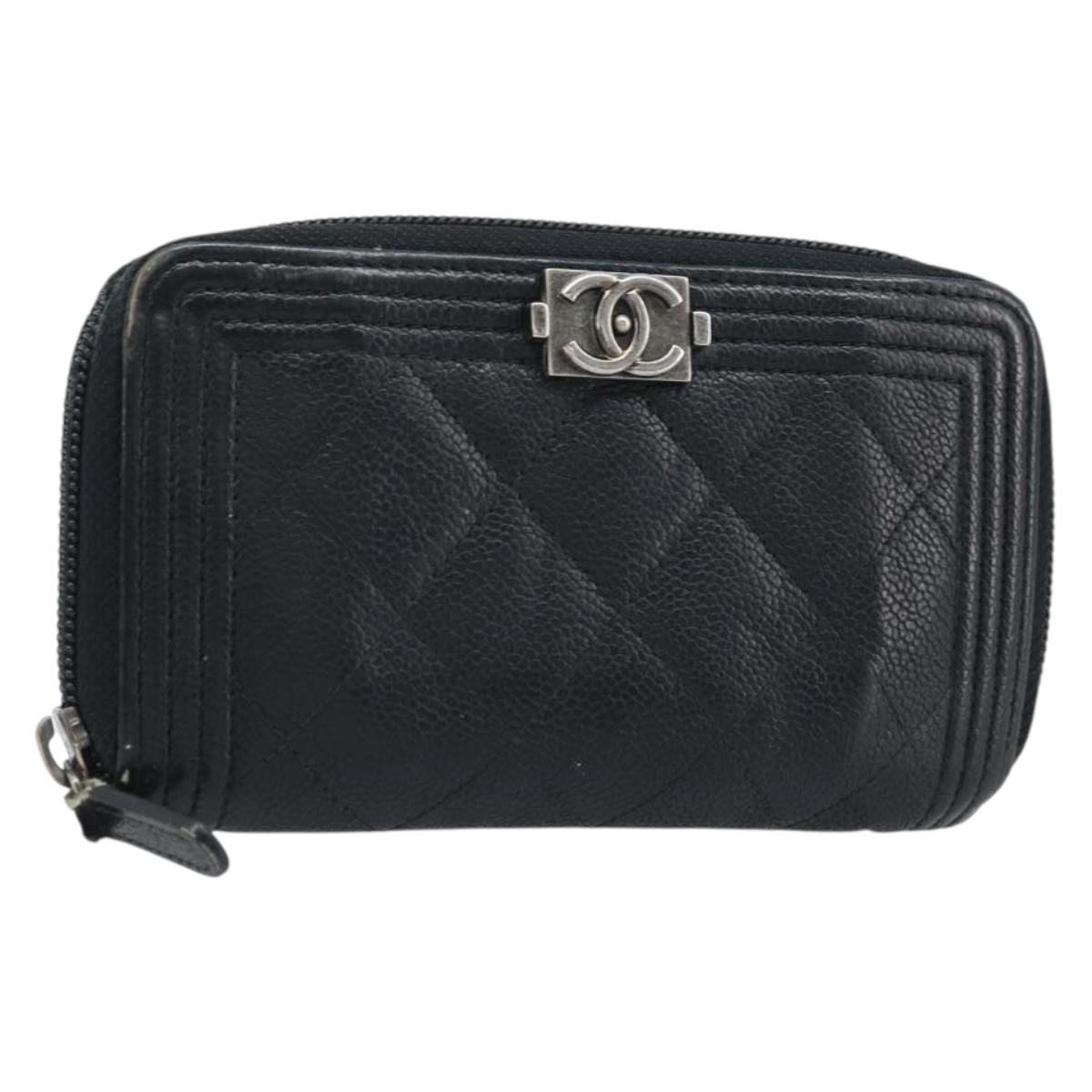CHANEL Boy Chanel Matelasse Wallet Caviar Skin Black CC Auth bs34179