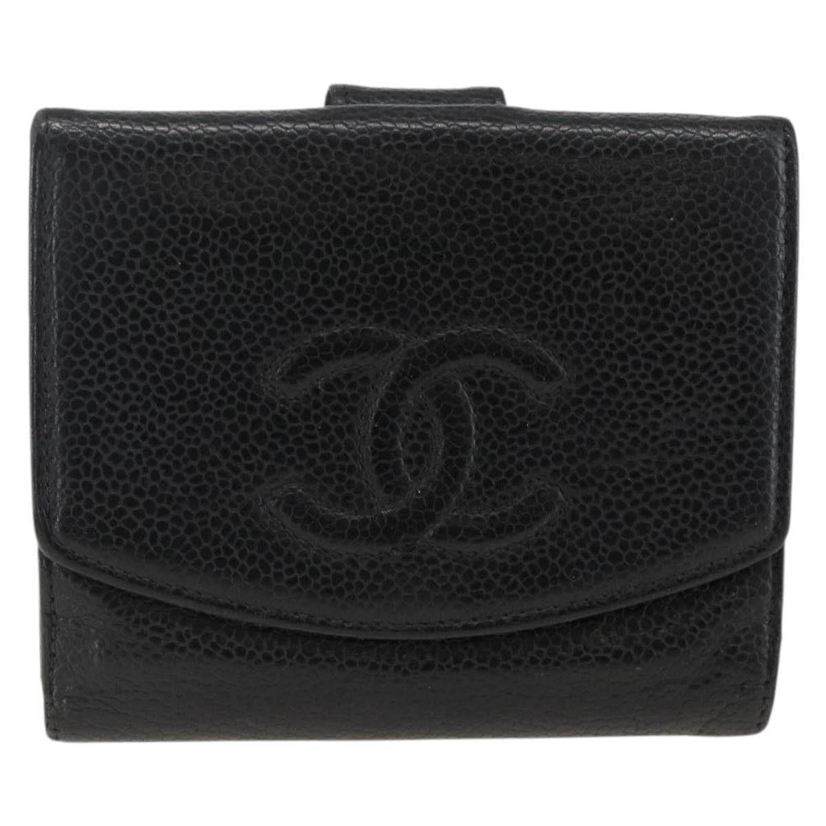 CHANEL Bifold Wallet Caviar Skin Black Gold CC Auth bs34185