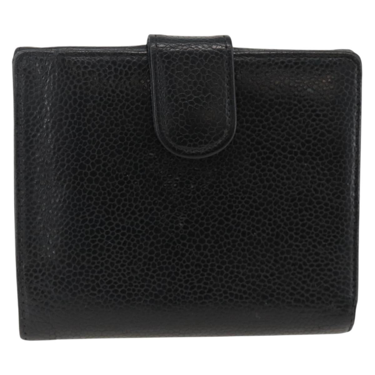 CHANEL Bifold Wallet Caviar Skin Black Gold CC Auth bs34185