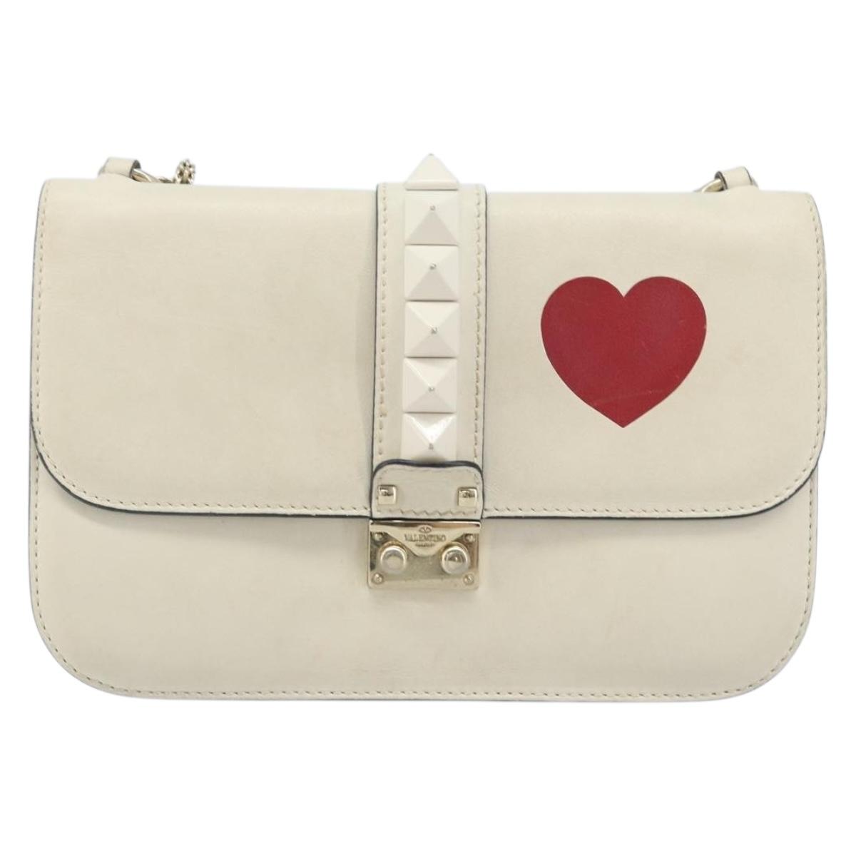 VALENTINO Chain Shoulder Bag Leather White Gold Auth bs34199