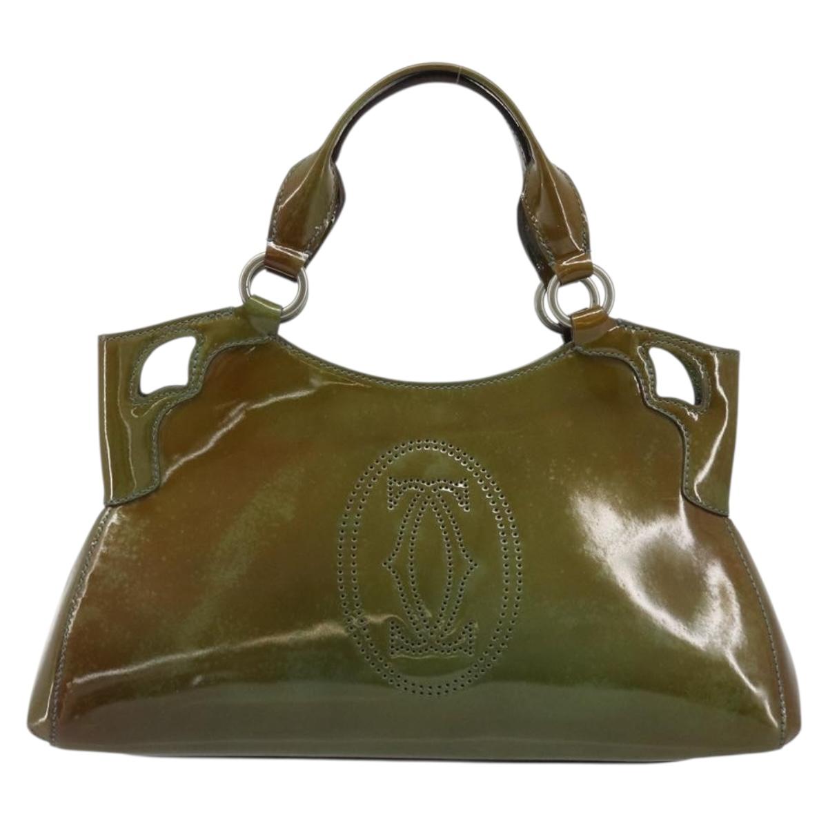 CARTIER Marcello Hand Bag Patent leather Green Silver Auth bs34215