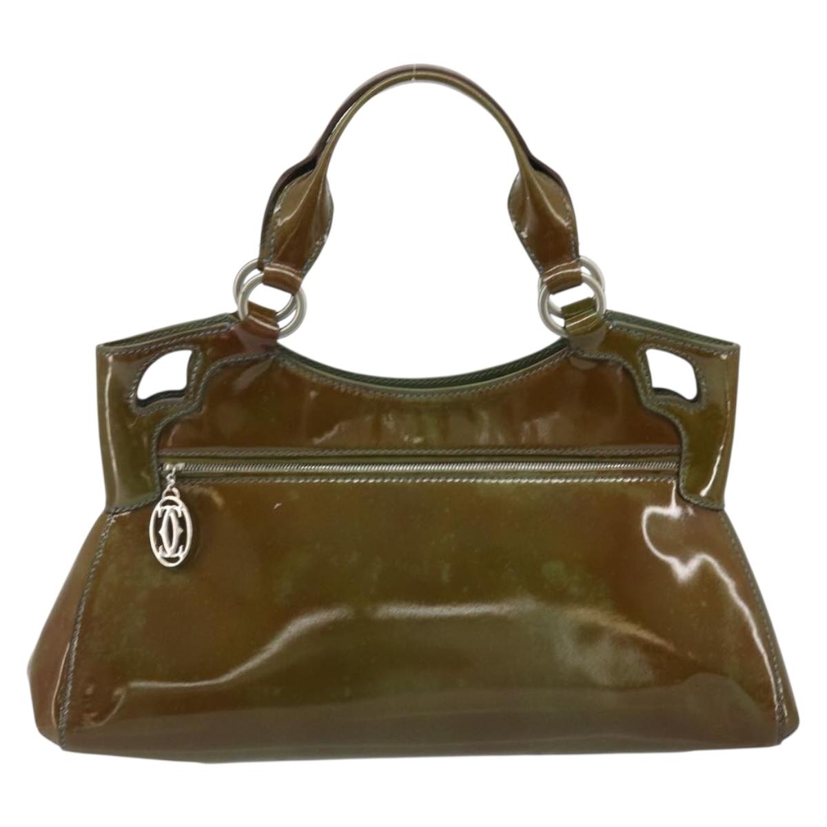 CARTIER Marcello Hand Bag Patent leather Green Silver Auth bs34215