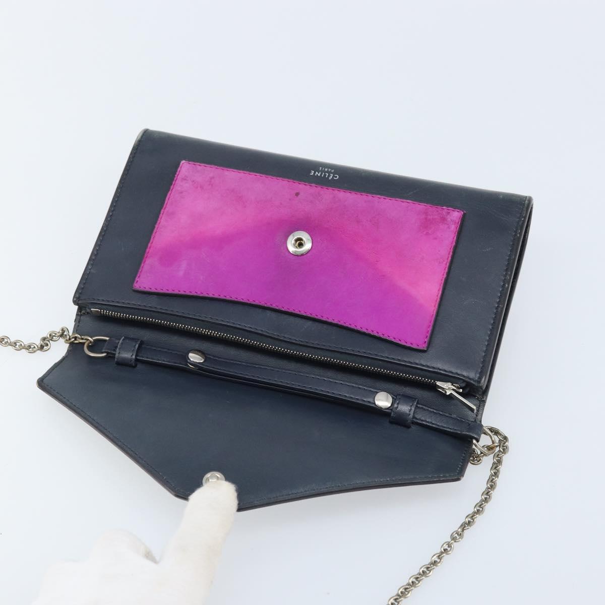 CELINE Chain Shoulder Bag Leather Navy Silver Auth bs34226