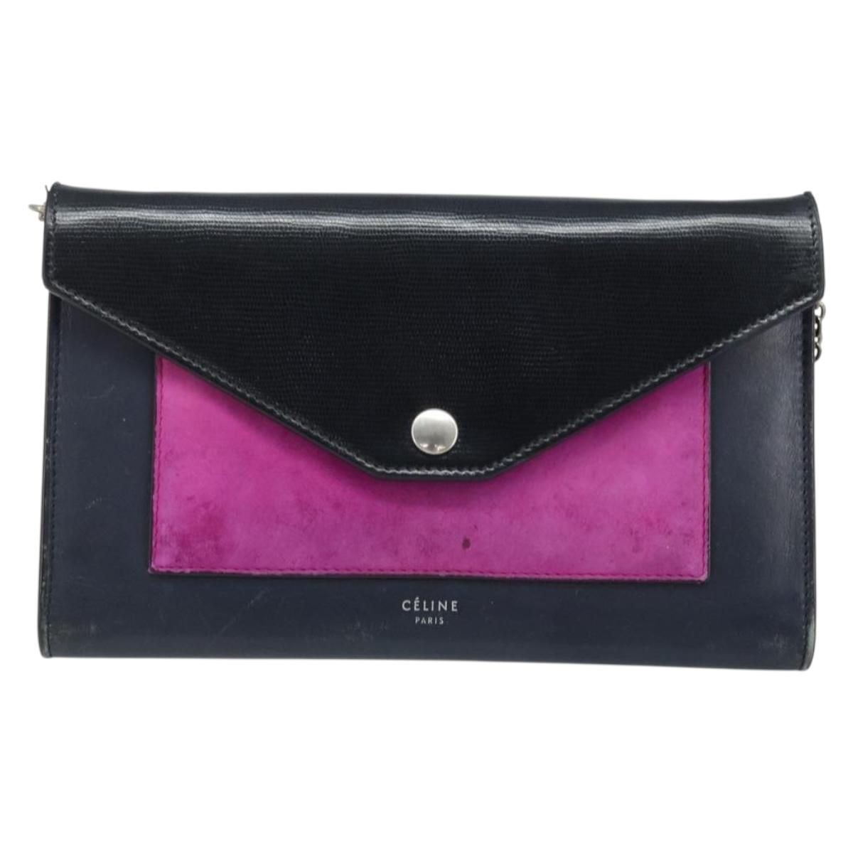 CELINE Chain Shoulder Bag Leather Navy Silver Auth bs34226