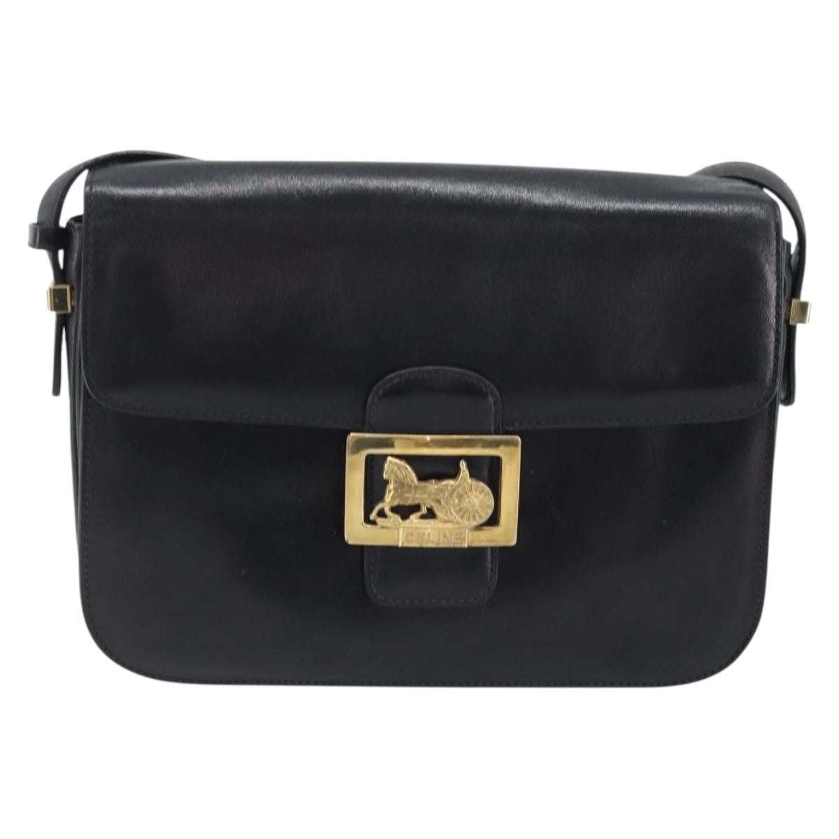 CELINE Shoulder Bag Leather Black Gold Auth bs34227A