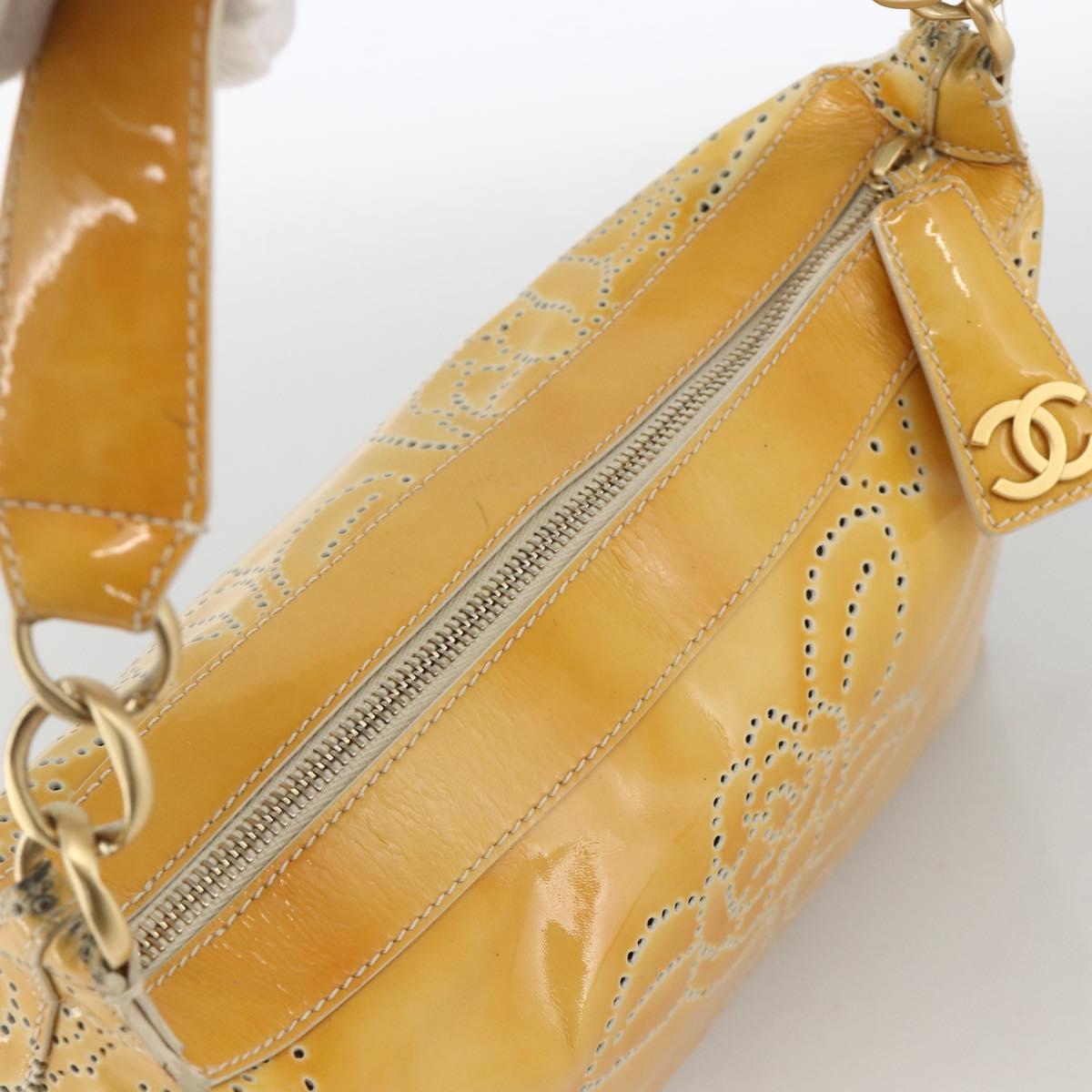 CHANEL Shoulder Bag Patent Leather Yellow Gold CC Auth bs34234