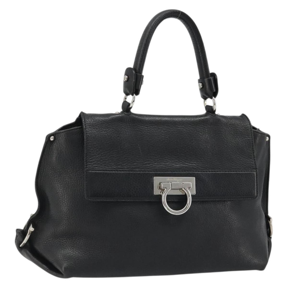 Salvatore Ferragamo Gancini Hand Bag Leather Black Silver Auth bs34239