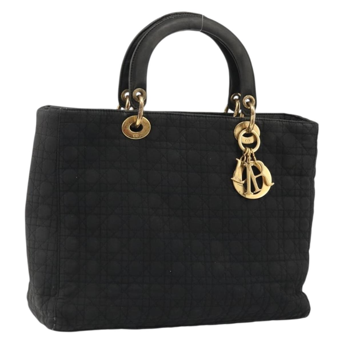 Christian Dior Lady Dior Hand Bag Nylon Black Gold Auth bs34244