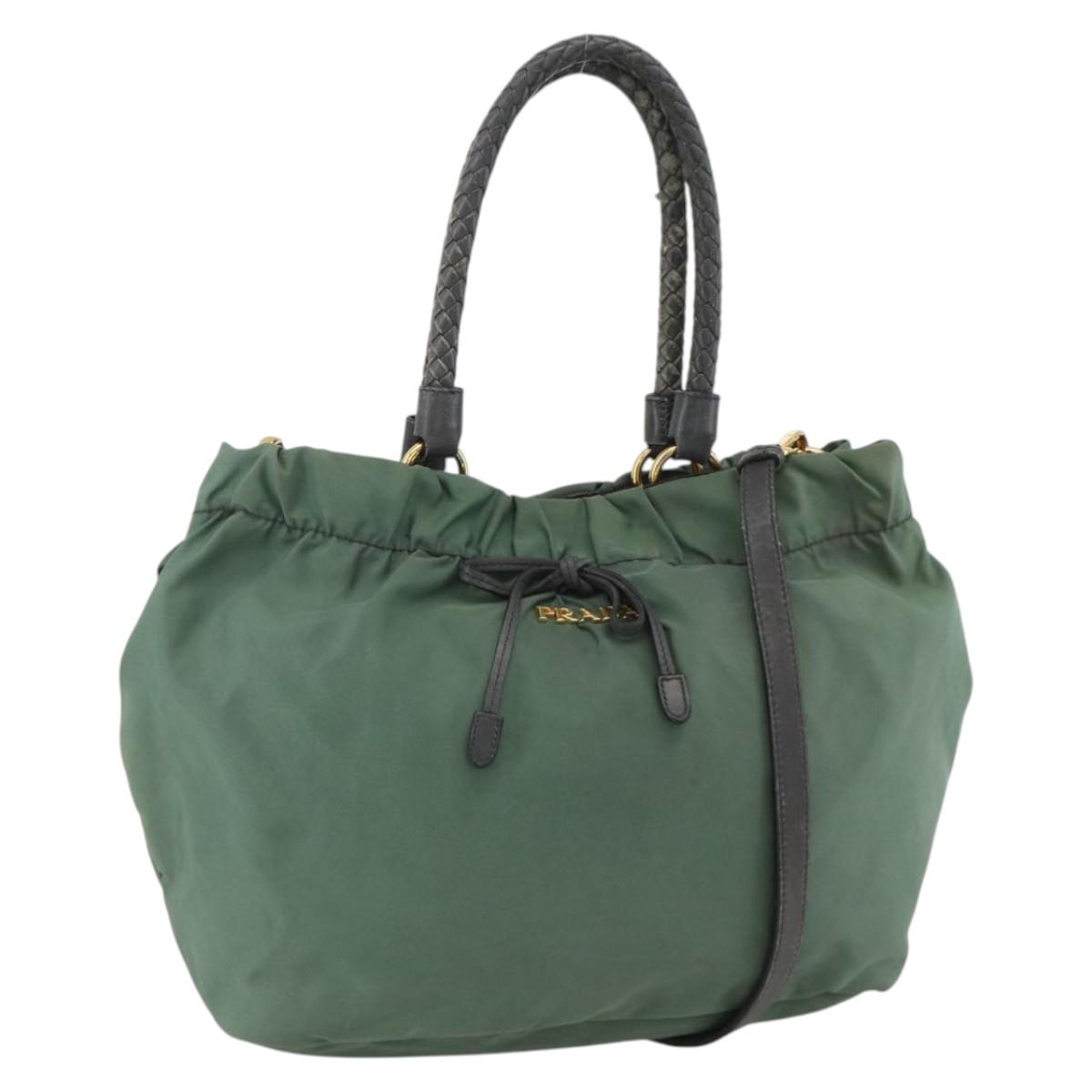PRADA Hand Bag Nylon 2way Green Gold Auth bs34262