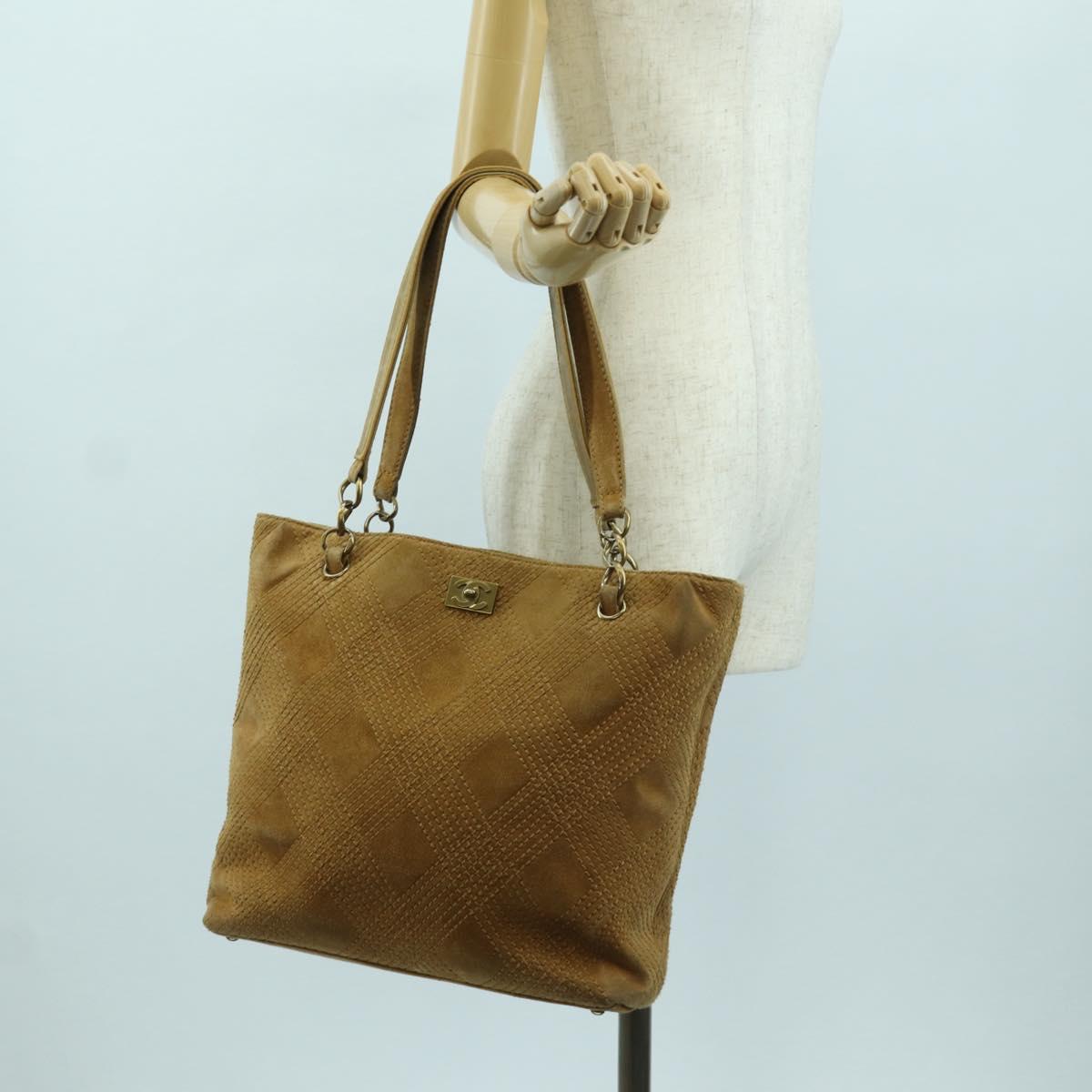 CHANEL Wild Stitch Hand Bag Suede Brown Gold CC Auth bs34273A