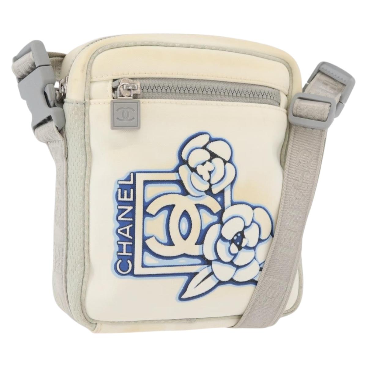 CHANEL Sports Camelia Shoulder Bag Nylon White Silver CC Auth bs34278