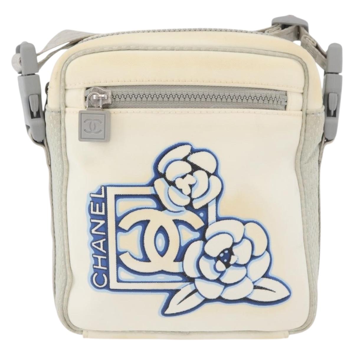 CHANEL Sports Camelia Shoulder Bag Nylon White Silver CC Auth bs34278