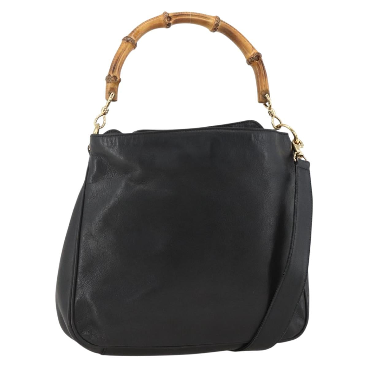 GUCCI Bamboo Hand Bag Leather 2way Black Gold Auth bs34287