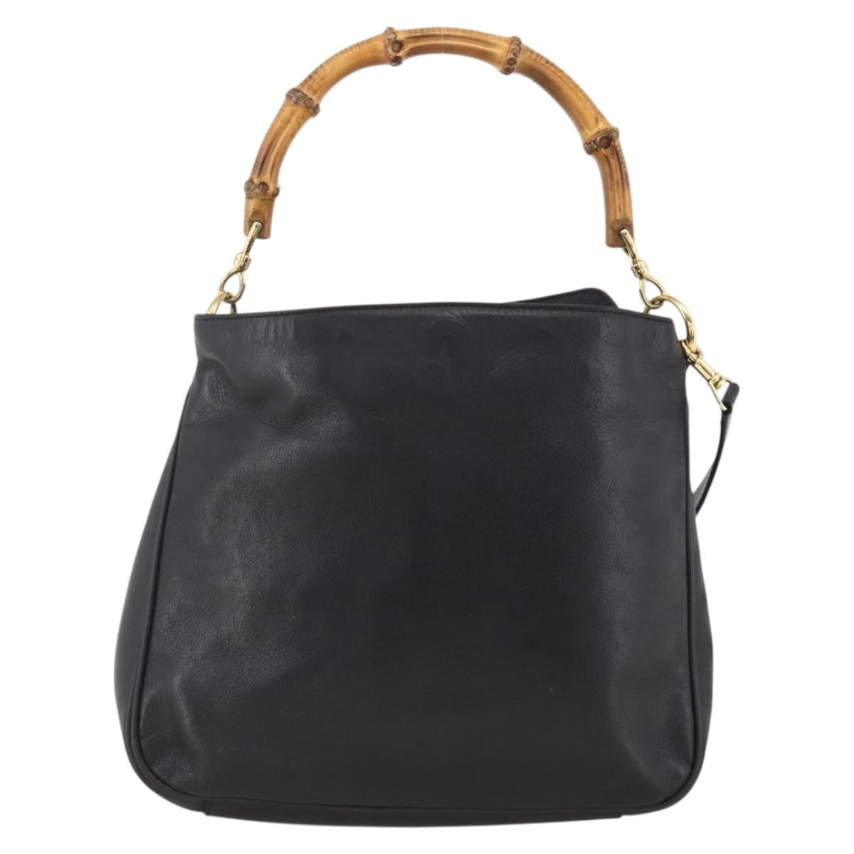 GUCCI Bamboo Hand Bag Leather 2way Black Gold Auth bs34287