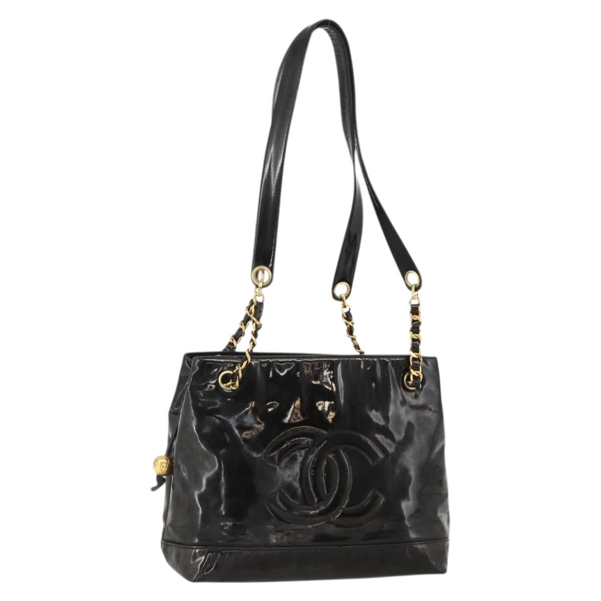 CHANEL Chain Tote Bag Patent Leather Black Gold CC Auth bs34313