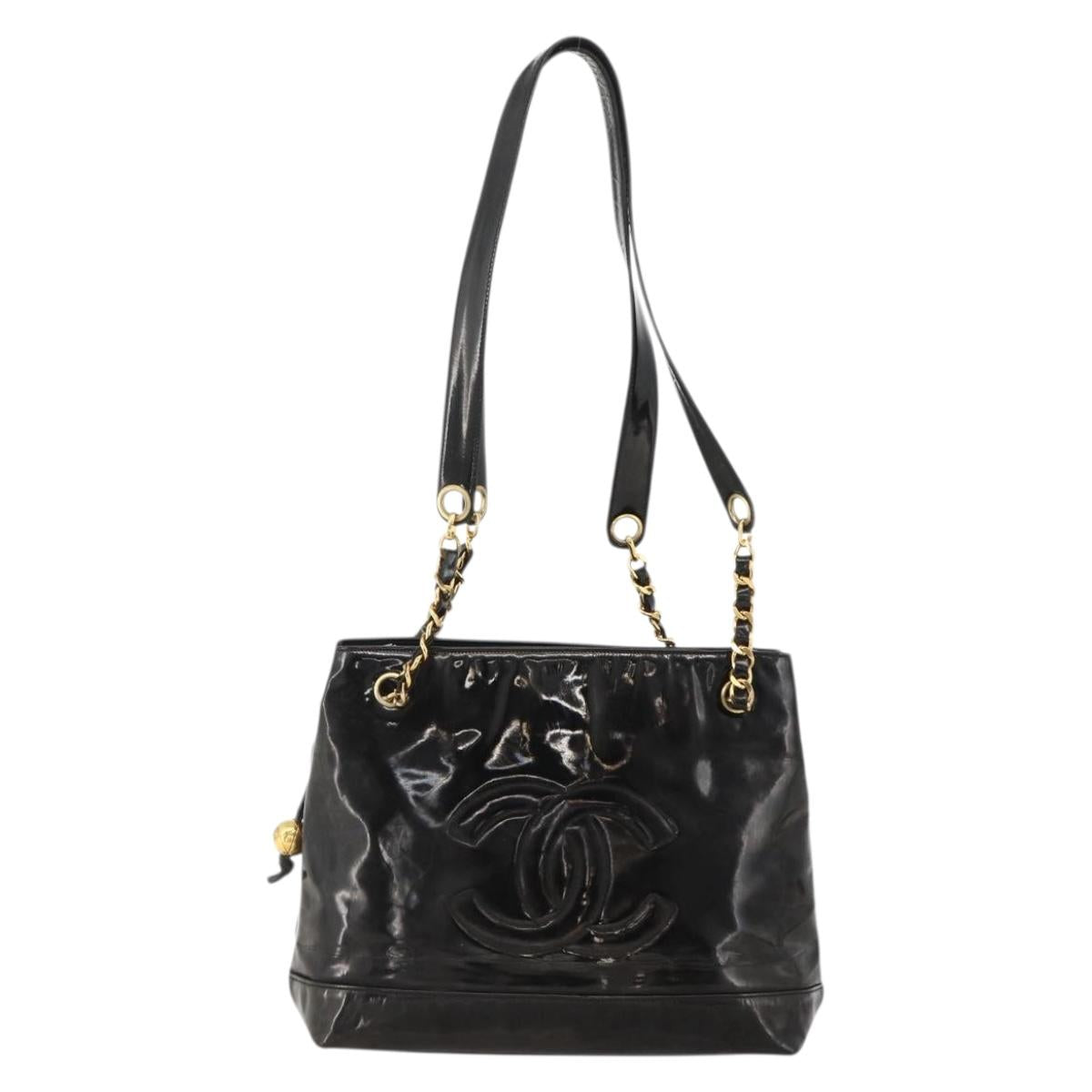 CHANEL Chain Tote Bag Patent Leather Black Gold CC Auth bs34313