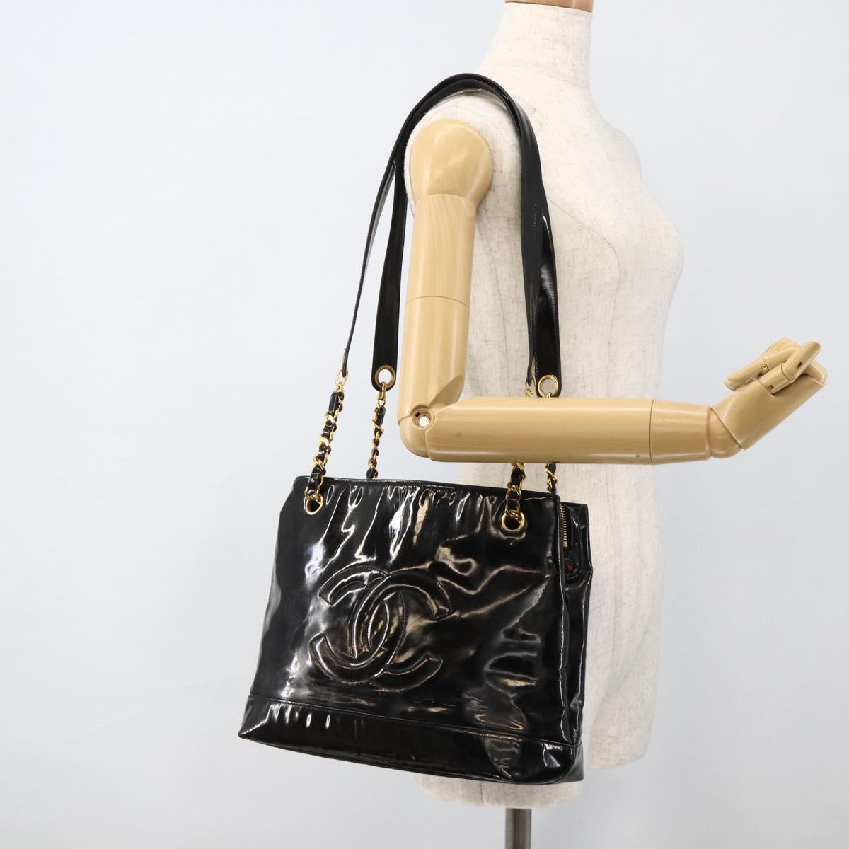 CHANEL Chain Tote Bag Patent Leather Black Gold CC Auth bs34313