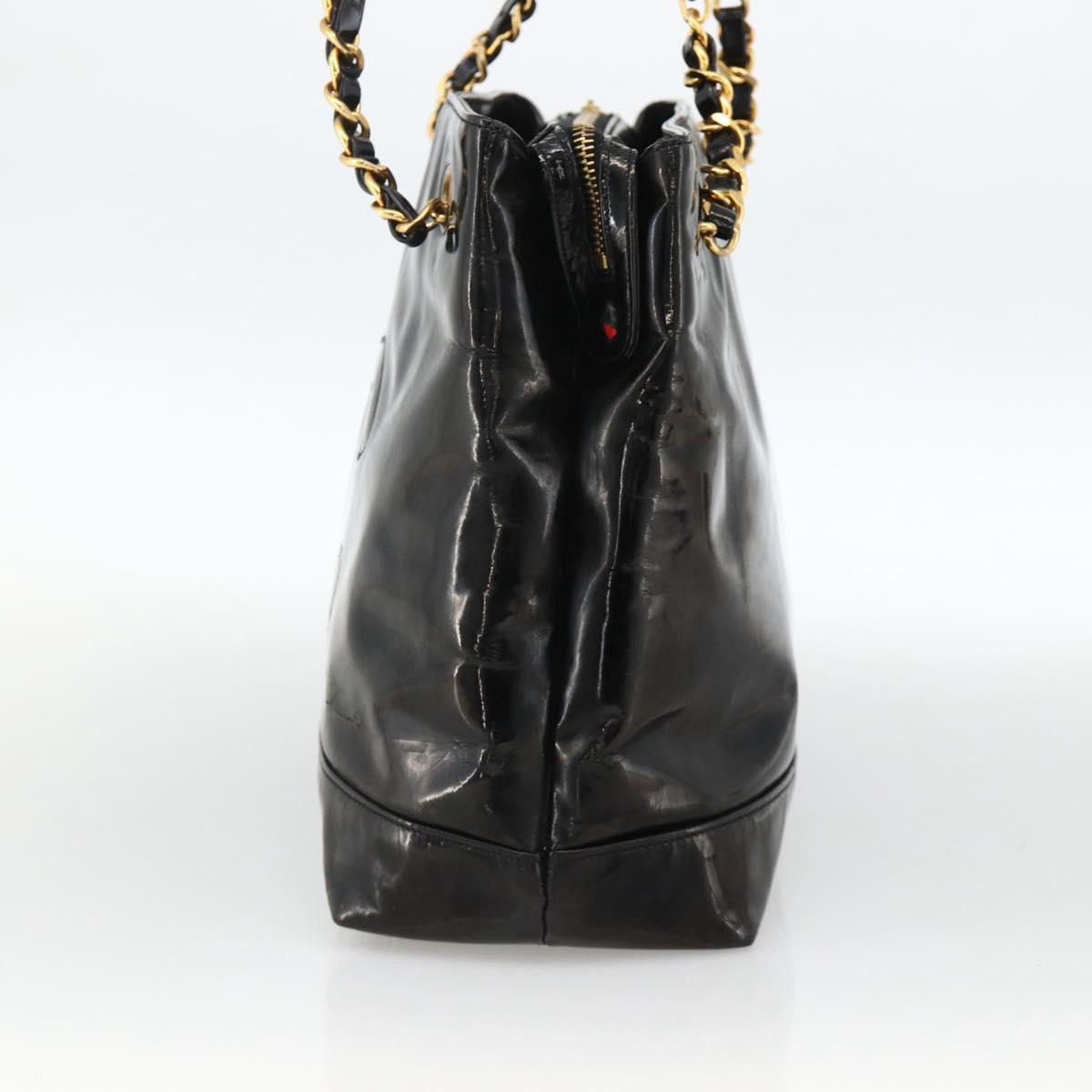 CHANEL Chain Tote Bag Patent Leather Black Gold CC Auth bs34313
