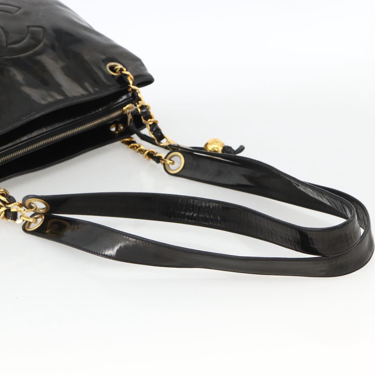 CHANEL Chain Tote Bag Patent Leather Black Gold CC Auth bs34313