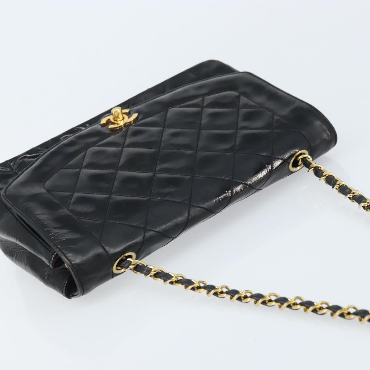 CHANEL Diana 25 Matelasse Chain Bag Patent Leather Black Gold CC Auth bs34314